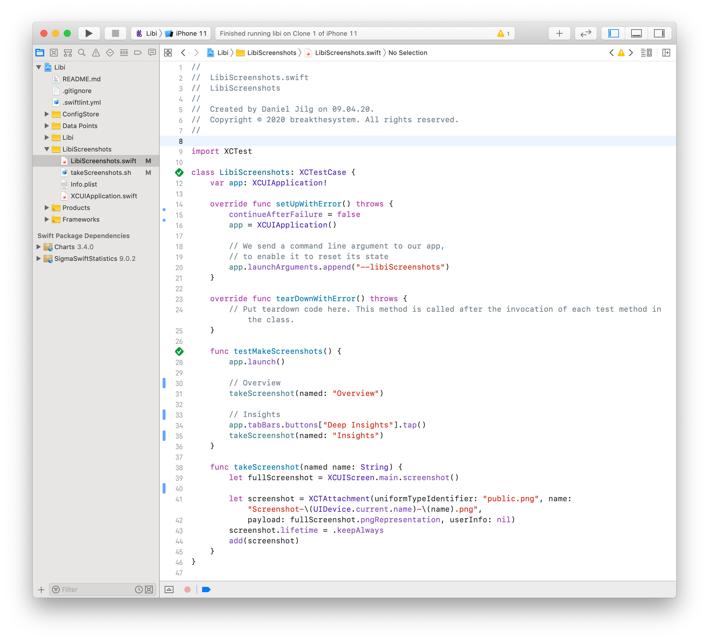 An Xcode screenshot displaying the finished written test